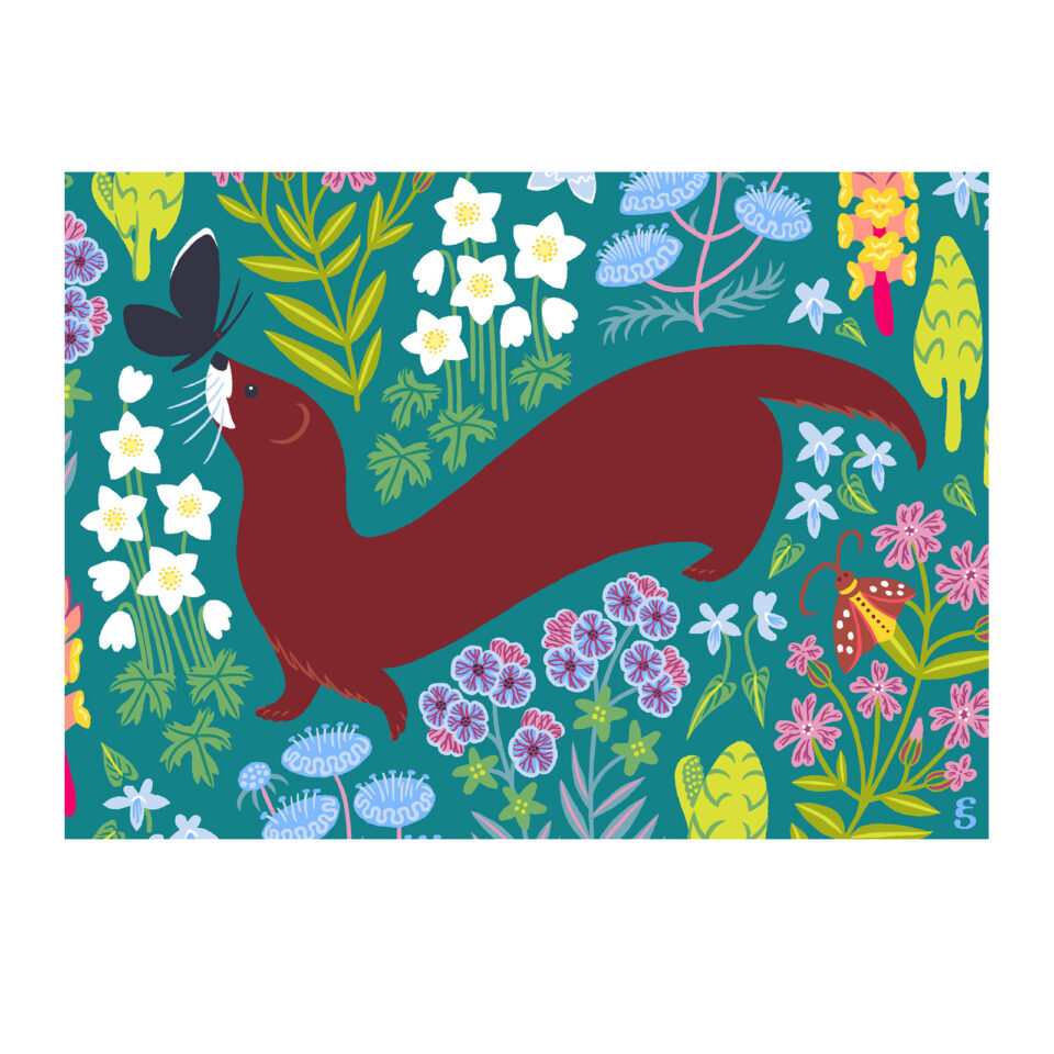 Illustration of a mink and a chimney sweeper butterfly surrounded by flowers from the Val de Loire region of France by Emilee Seymour
