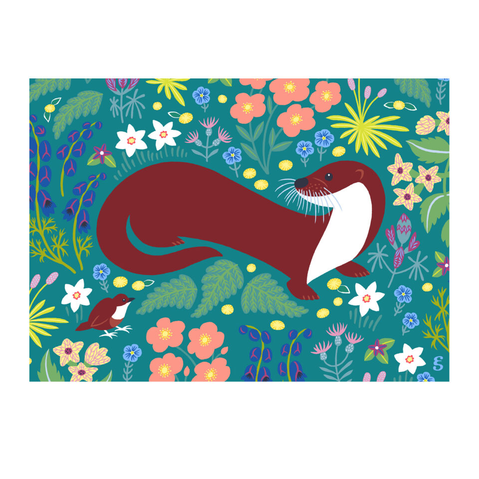 Illustration of an otter and a dipper surrounded by flowers from the Val de Loire region of France by Emilee Seymour