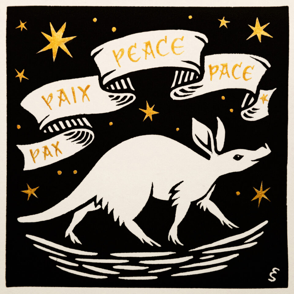 Lino print of an aardvark by Emilee Seymour
