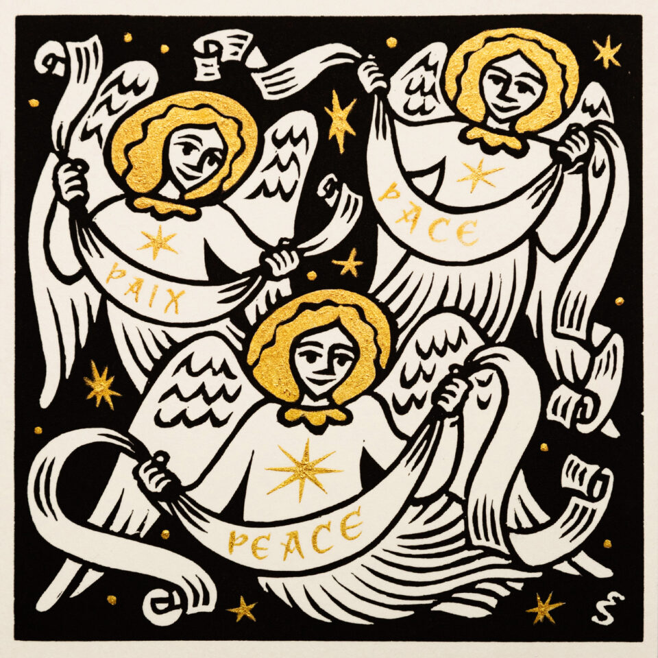 Lino print of three angels by Emilee Seymour