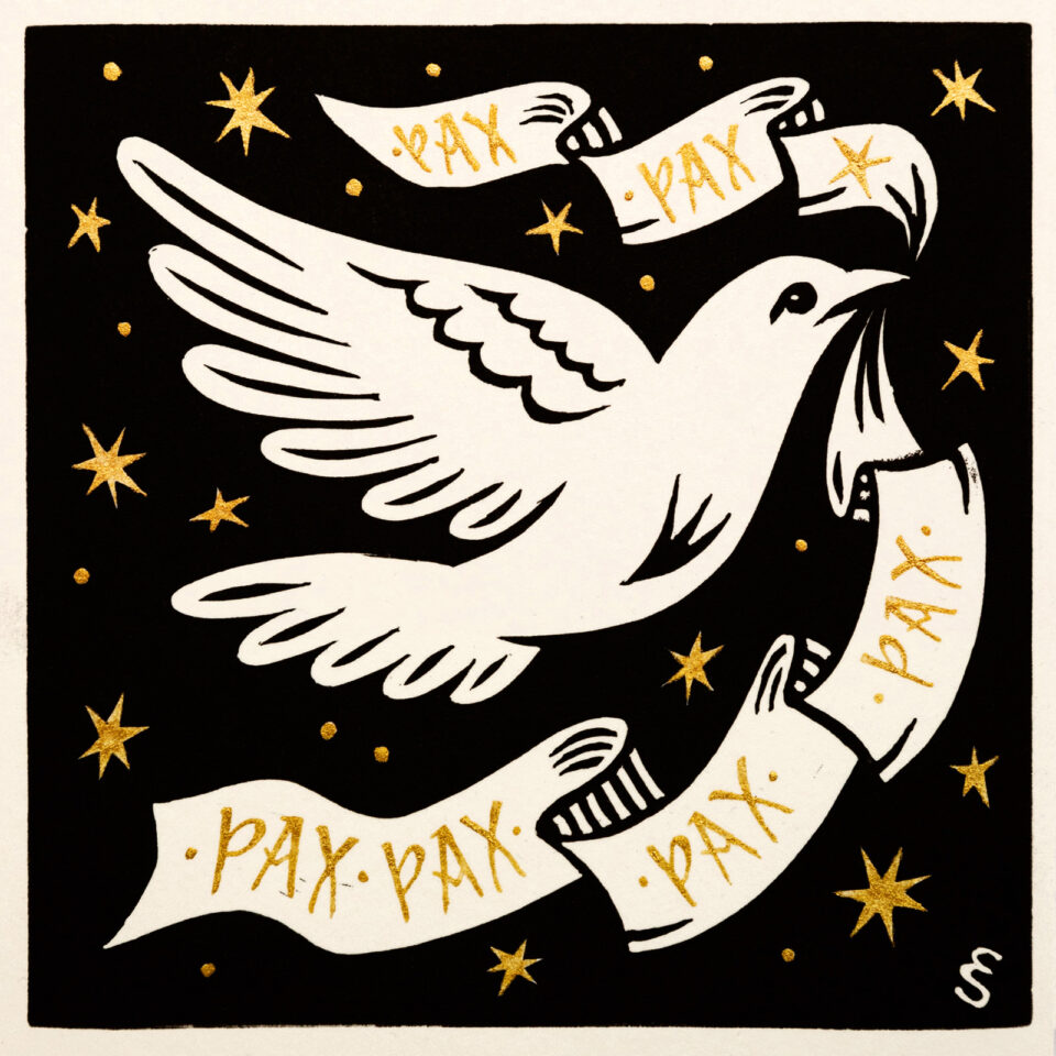 Lino print of a peace dove by Emilee Seymour