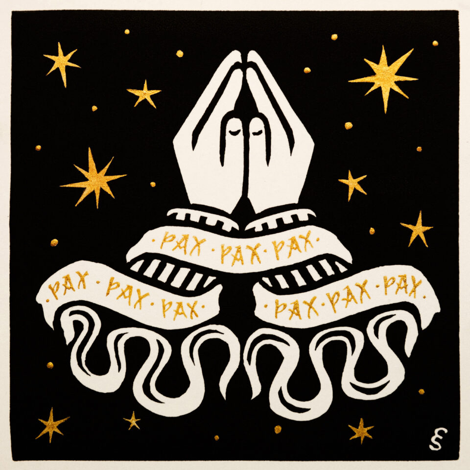 Lino print of praying hands by Emilee Seymour