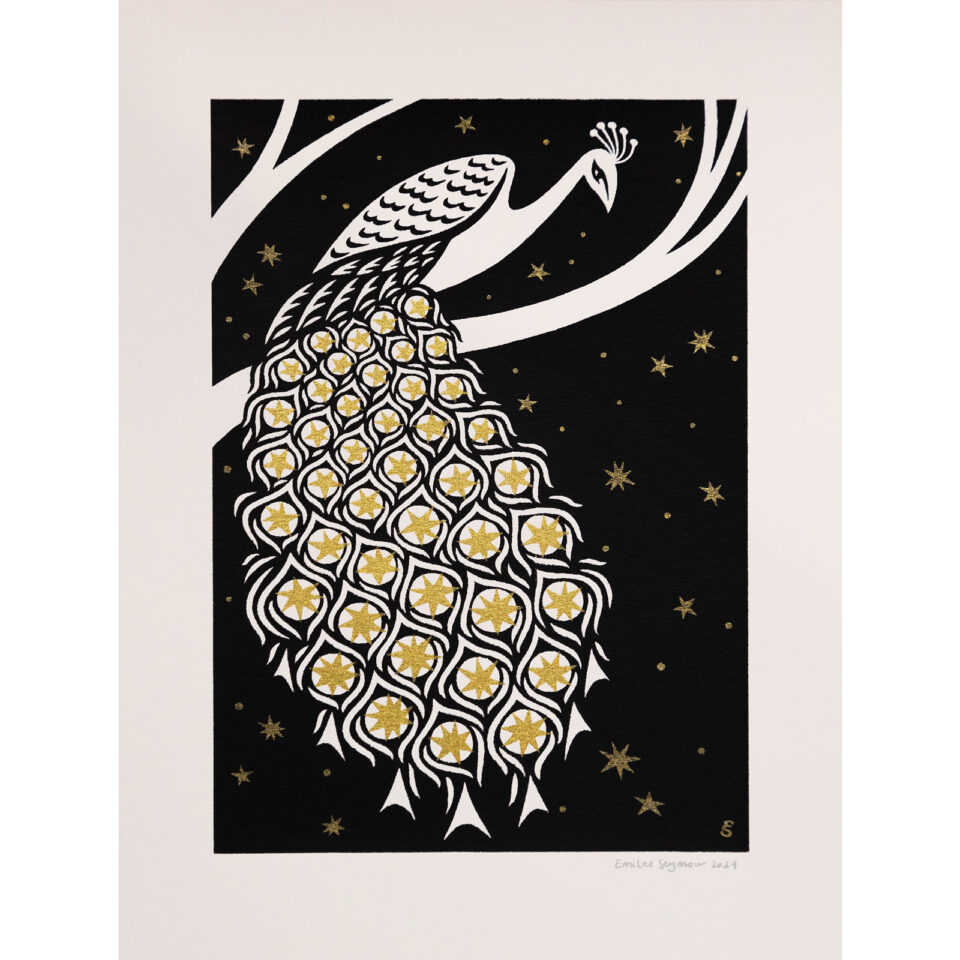 Screen print of a peacock against a star-filled night sky by Emilee Seymour