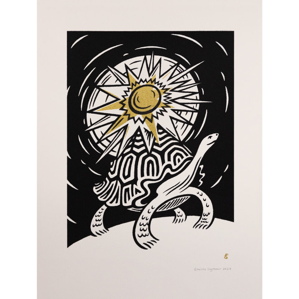 Screen print of a tortoise carrying the sun on its back by Emilee Seymour